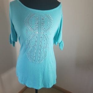 Westport Blue Scoop Neck Tieoff Sleeve Graphic Tee